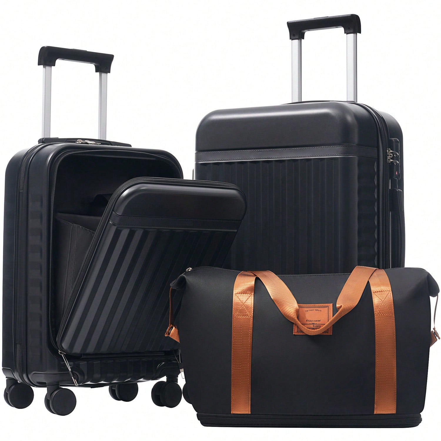 Expandable Hard Shell Luggage Set - 3‑Piece Front‑Opening Hardside Luggage Set,Black Expandable